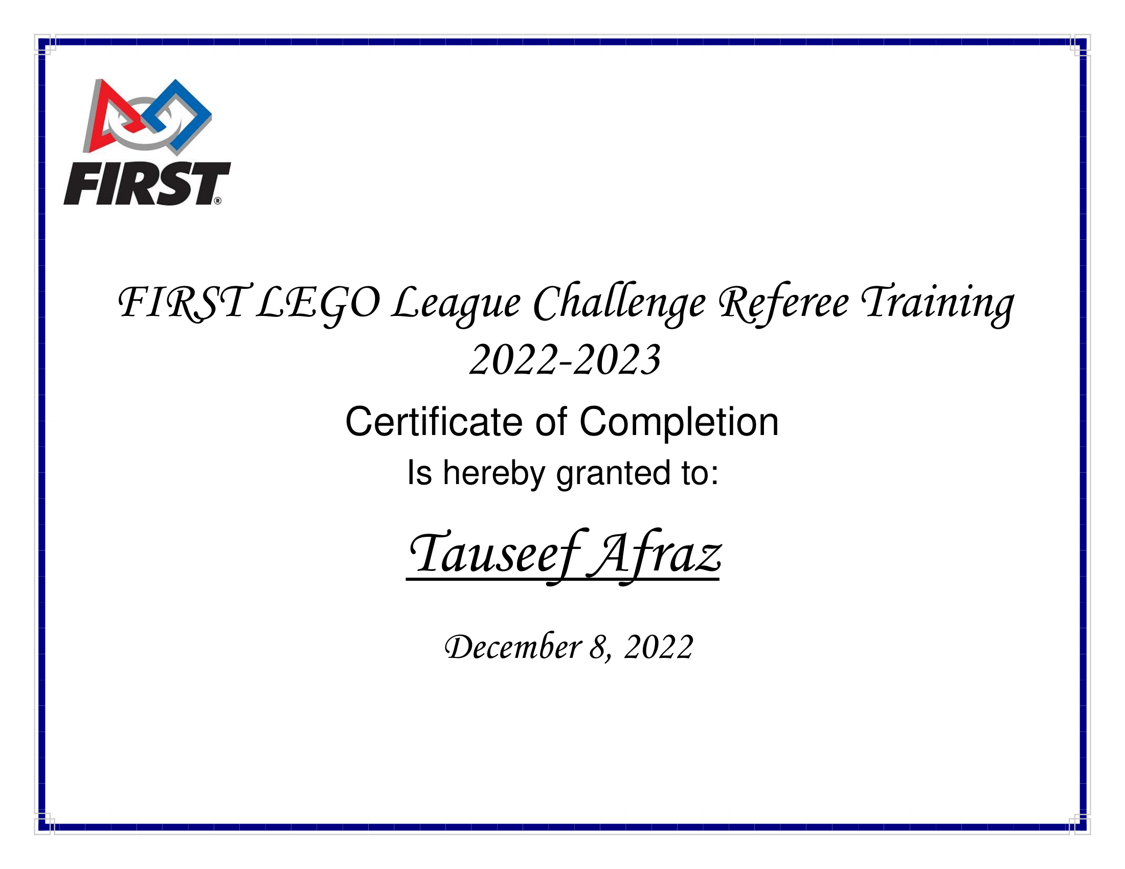 FIRST LEGO League Challenge Referee Training completion certificate
